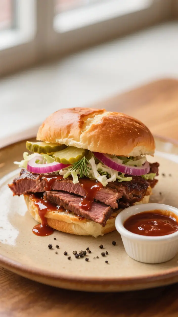 Final sandwich beauty shot: Beautifully plated BBQ brisket sandwich on a toasted brioche bun, piled 