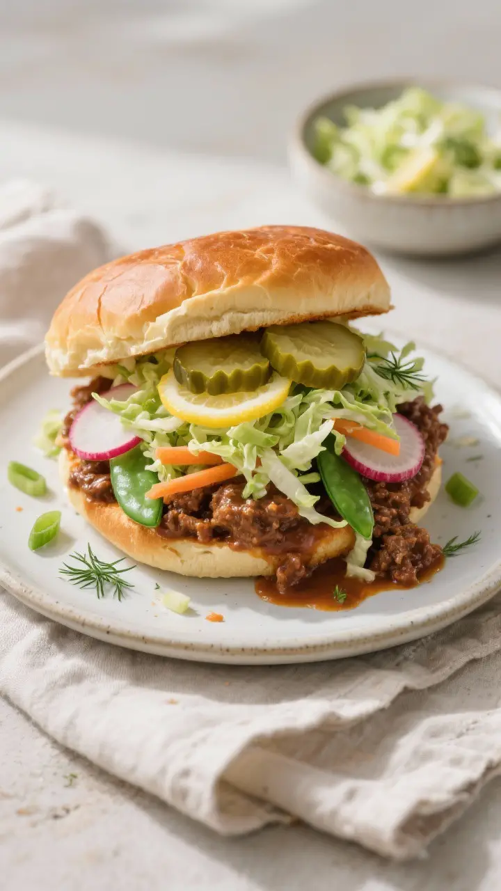 Final sandwich beauty shot: Fully assembled Sloppy Joe on a toasted brioche bun, generous mound of l