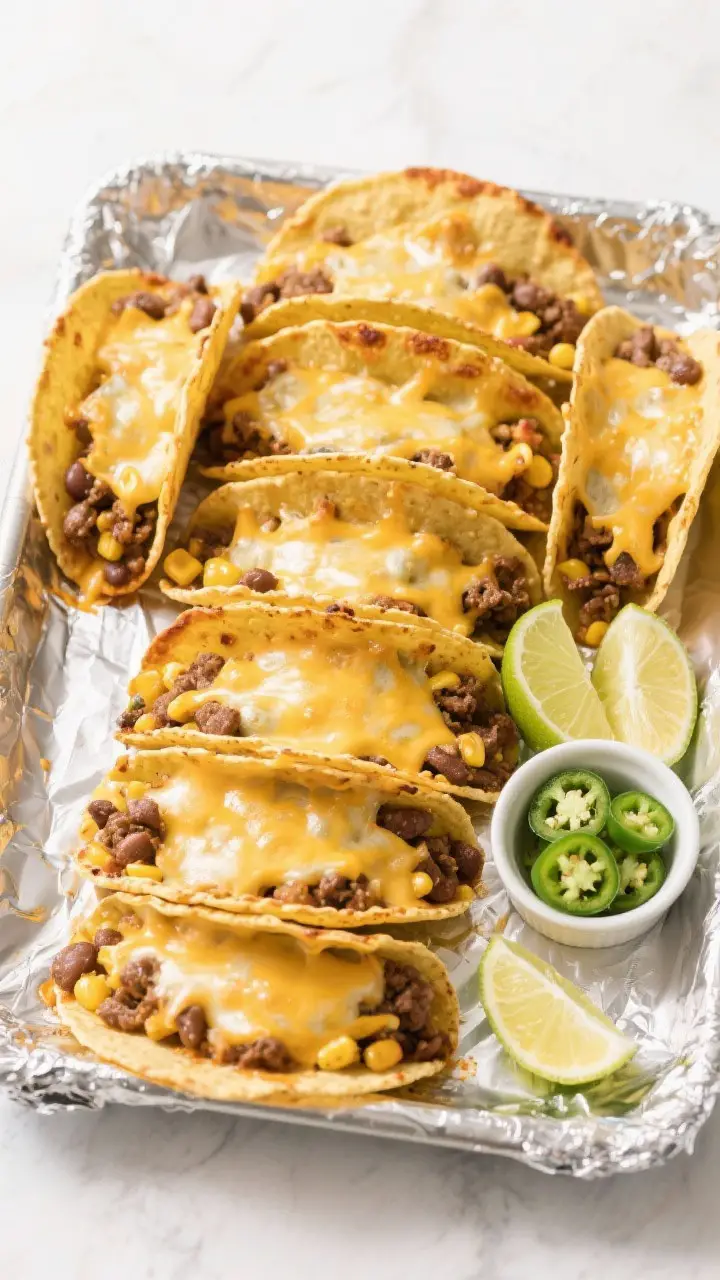 Oven-baked stage, tasty top view: Overhead shot of a 9x13 baking dish lined with foil, stand-and-stu