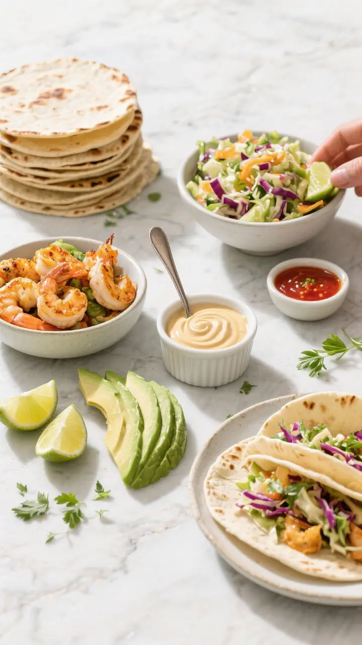 Overhead “build-your-own” spread: Top-down shot of an taco assembly scene—stack of toasted tor