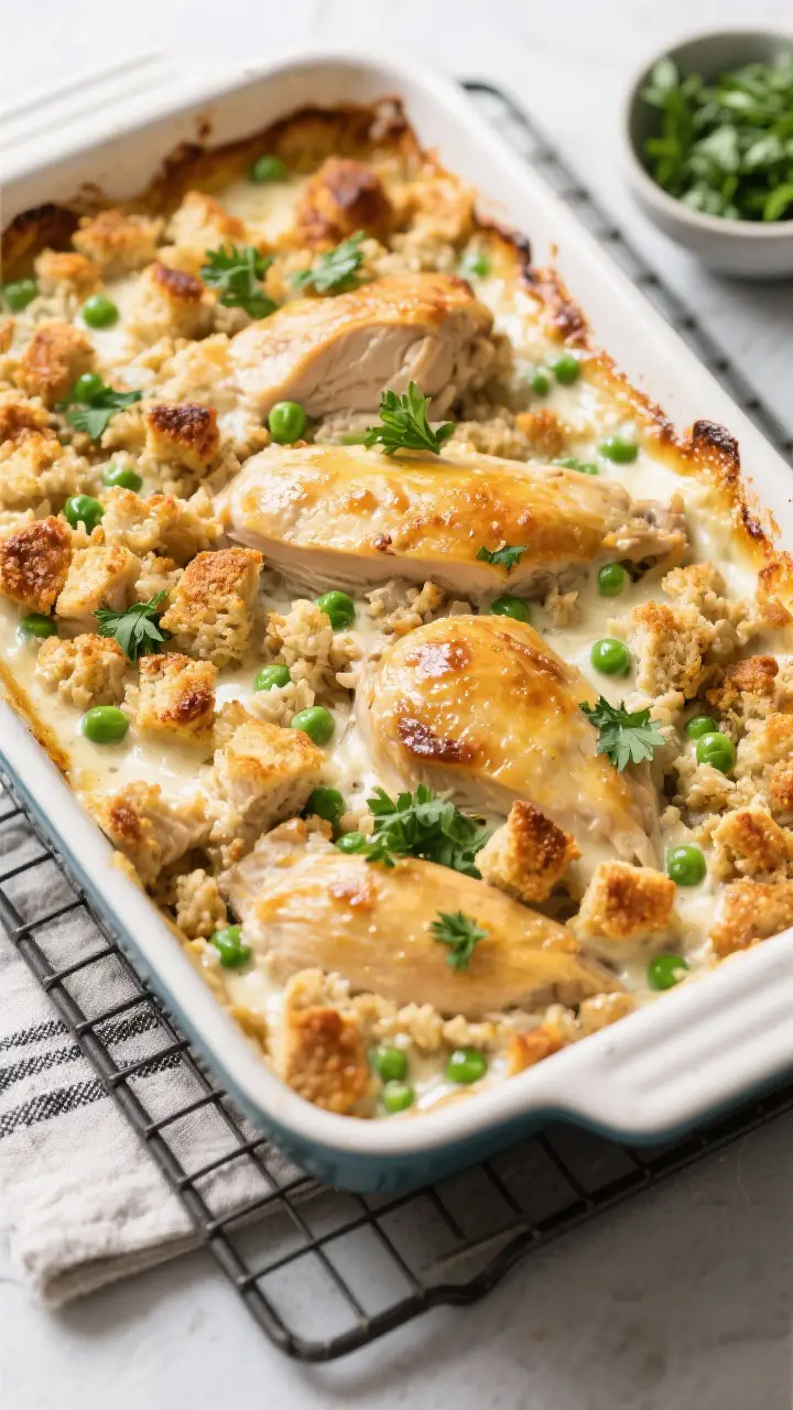 Overhead casserole shot: of a 9x13 baked chicken and stuffing casserole just out of the oven—golde