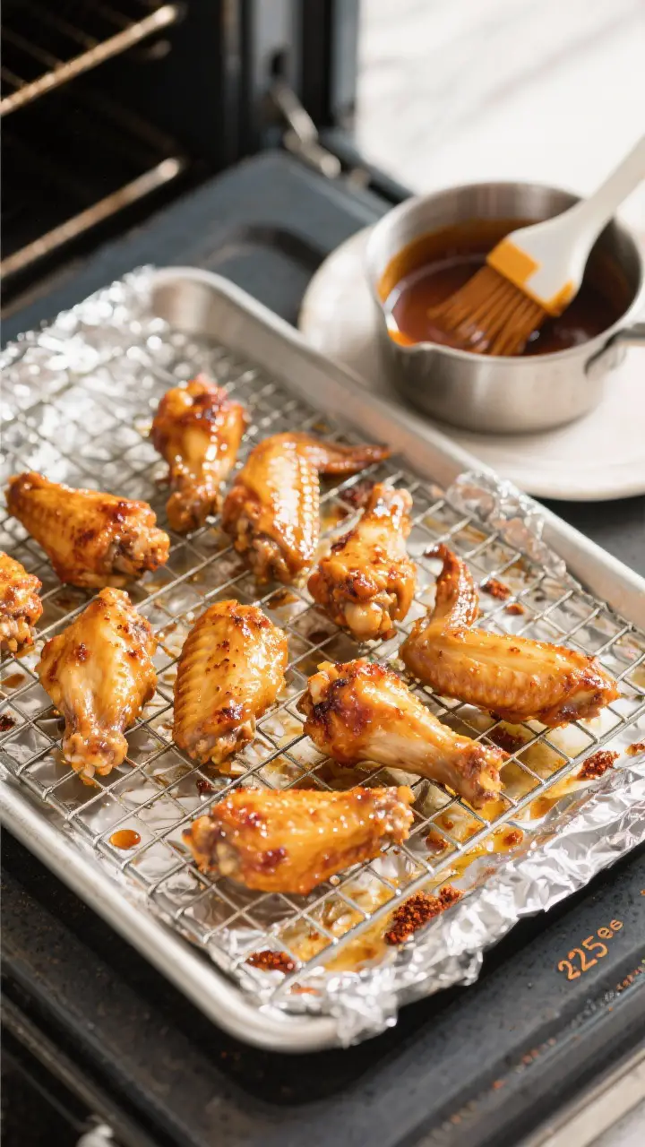 Overhead cooking process shot: Wings finishing on a wire rack over a foil-lined sheet pan in a 425°