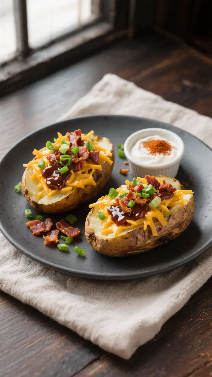 Overhead final dish, loaded BBQ variation: Top-down shot of two smoked baked potatoes on a matte cha