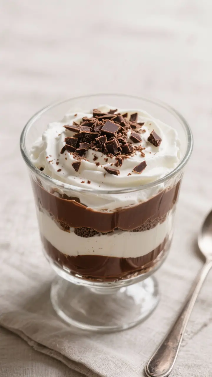 Overhead final presentation: of a finished chocolate trifle with two full, even sets of layers in a 