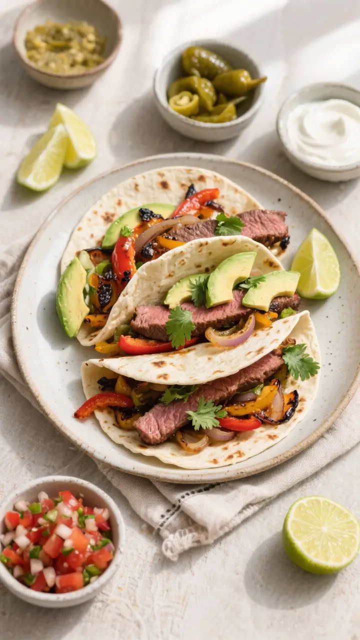 Overhead final presentation: Top-down shot of assembled steak fajitas—warm flour tortillas filled 