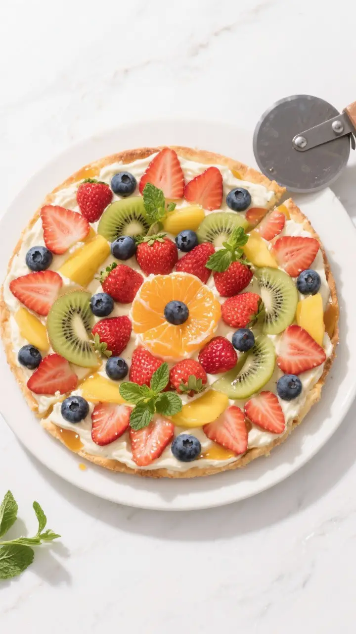 Overhead final presentation: Vibrant fruit pizza fully assembled and lightly glazed, showing concent