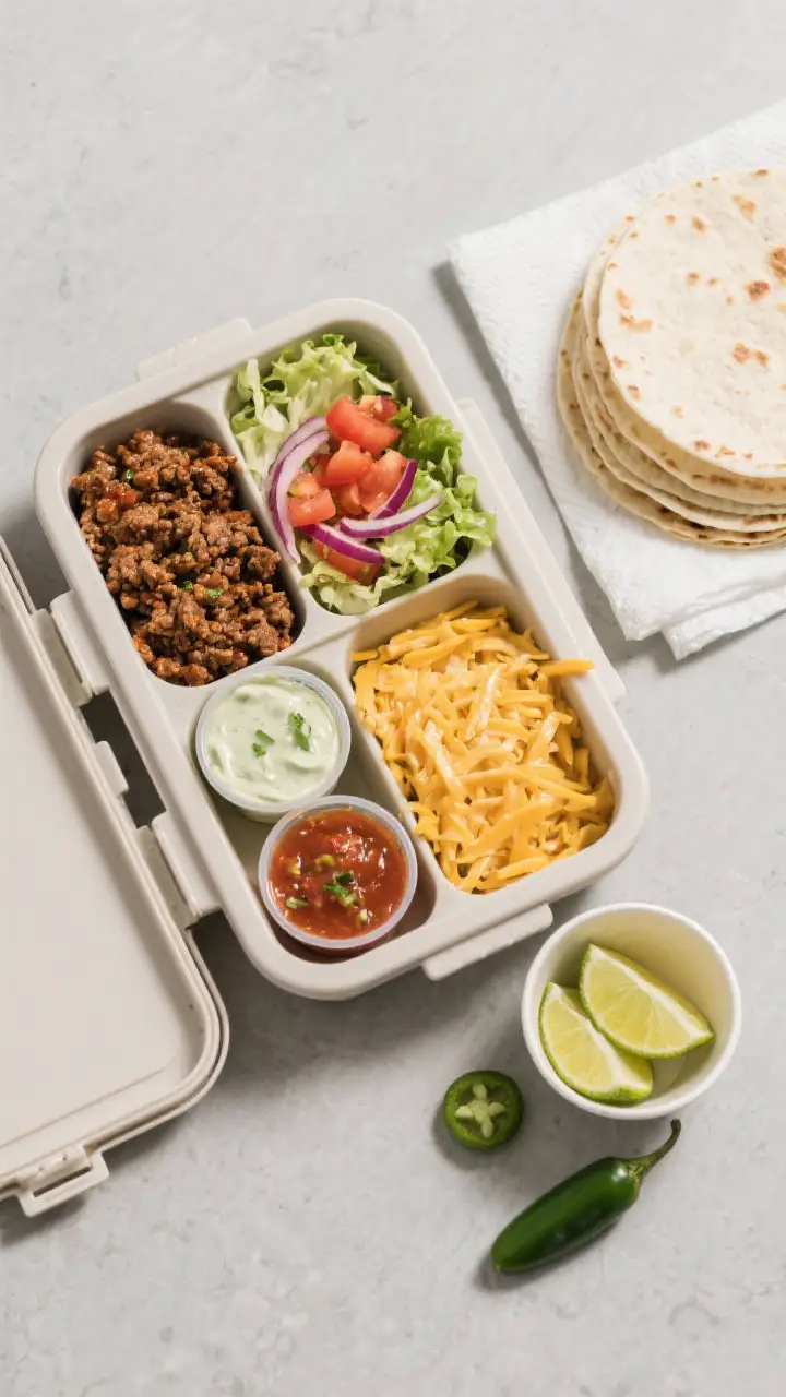 Overhead “lunch box assembly” shot: Divided bento container neatly packed with cooked components