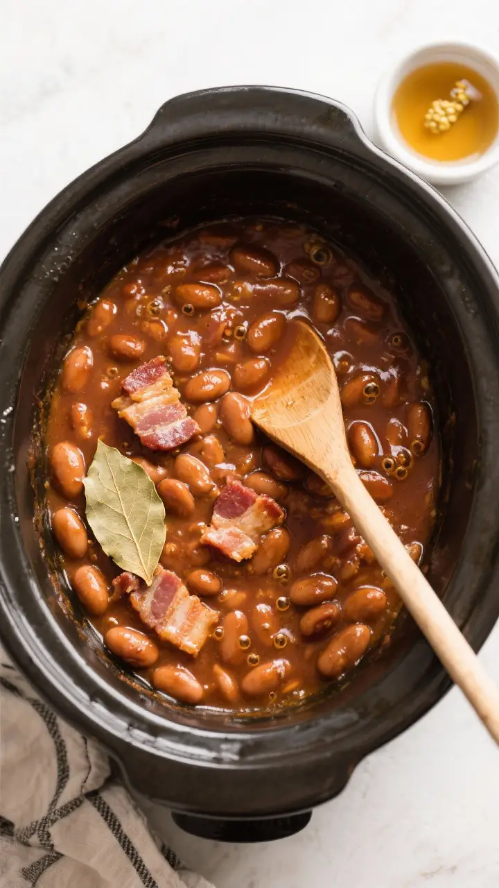 Overhead process shot: Slow cooker interior filled with nearly finished Boston baked beans, sauce re