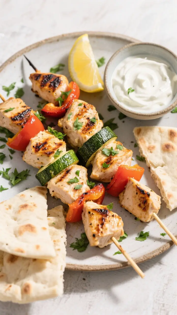 Overhead shot of finished Grilled Chicken Kebabs on a rustic platter, sprinkled with freshly chopped