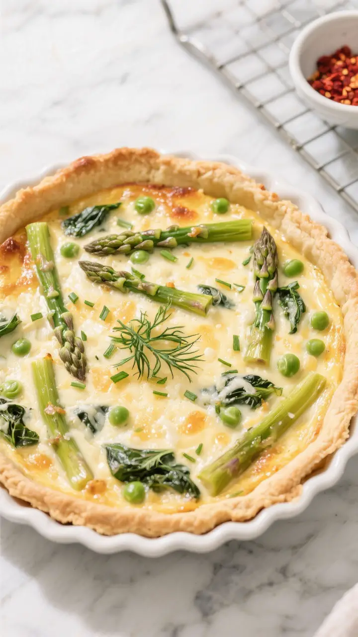 Overhead shot of the assembled quiche just out of the oven in a 9-inch pie dish: flaky, lightly gold