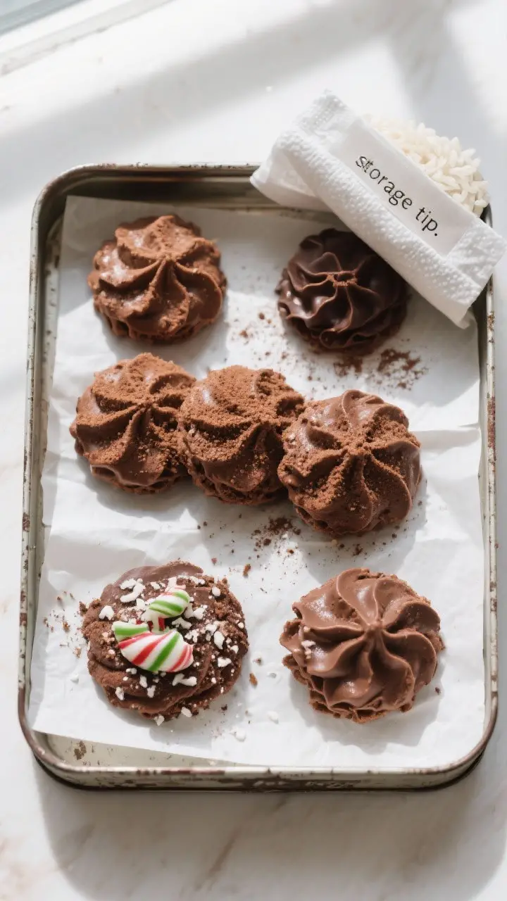 Overhead tasty top view: An assortment of chocolate meringue cookies in three variations—classic c