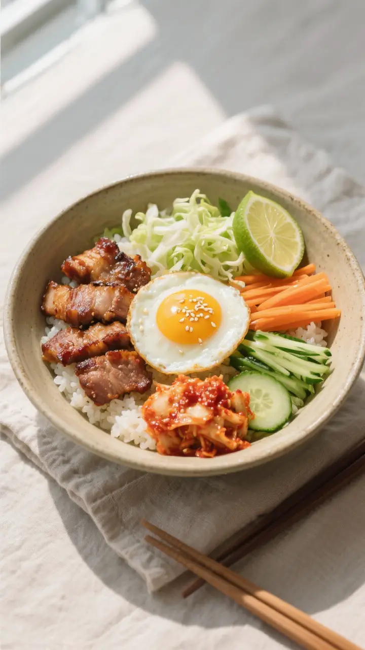 Overhead “tasty top view”: Assembled Korean BBQ Pork Bowl on warm short-grain rice, neatly arran