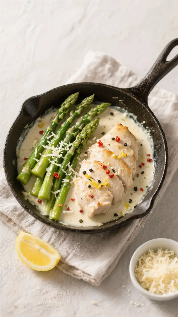 Overhead tasty top view: Creamy chicken and asparagus skillet at the “combine and finish” stage,