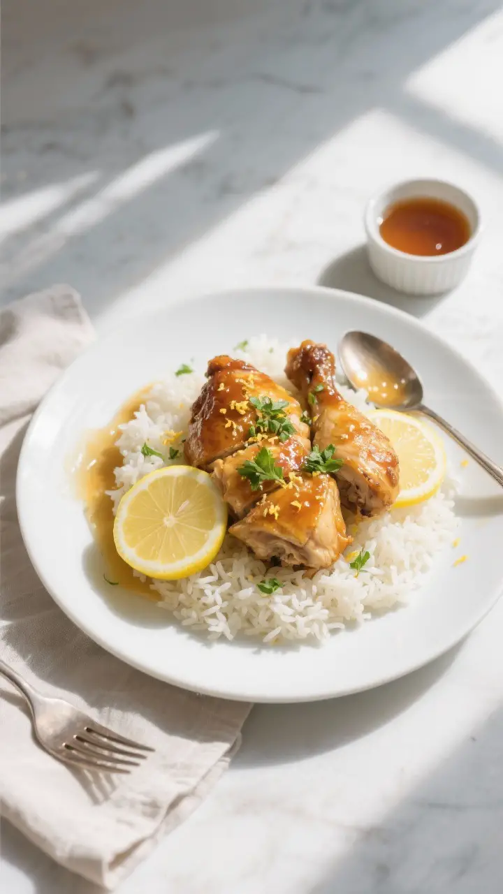 Overhead tasty top view: Final plated Chicken with Honey Lemon Glaze on a matte white plate over a b