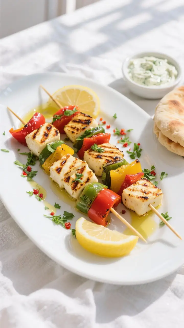 Overhead tasty top view: Finished grilled halloumi and vegetable skewers arranged on a large white p