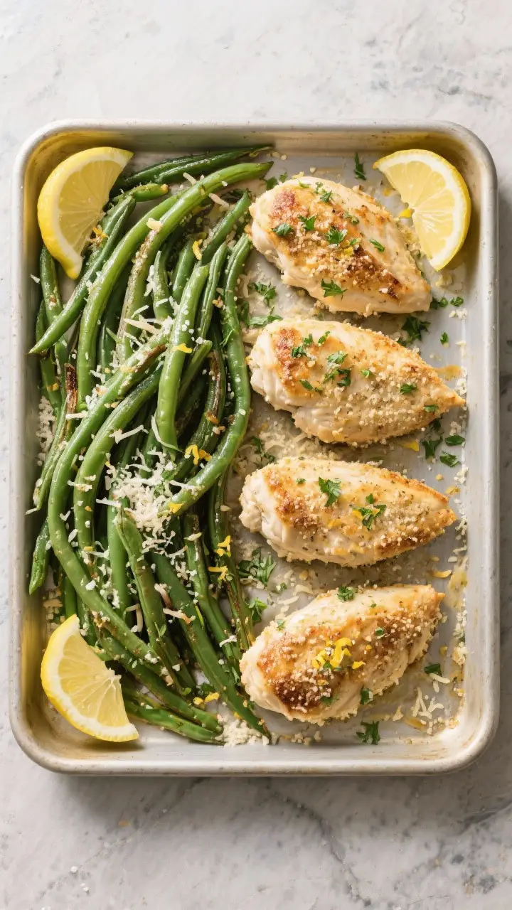 Overhead “tasty top view”: Full sheet pan of roasted Parmesan chicken and green beans at the mid