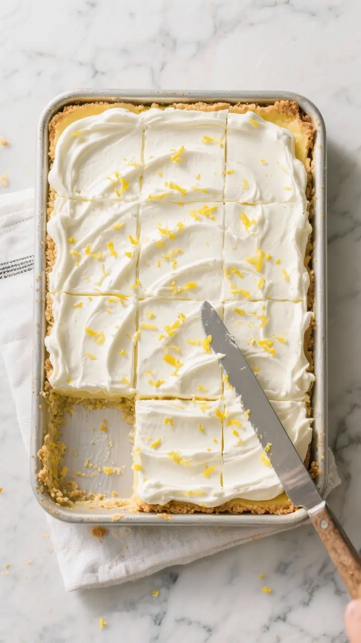 Overhead “tasty top view” of a 9x13 pan of Lemon Lush being sliced into neat squares: glossy whi