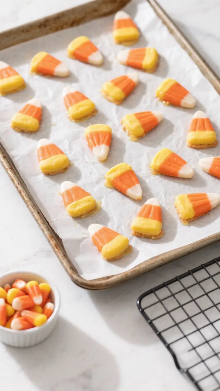 Overhead “tasty top view” of a parchment-lined baking sheet just out of the oven with evenly spa