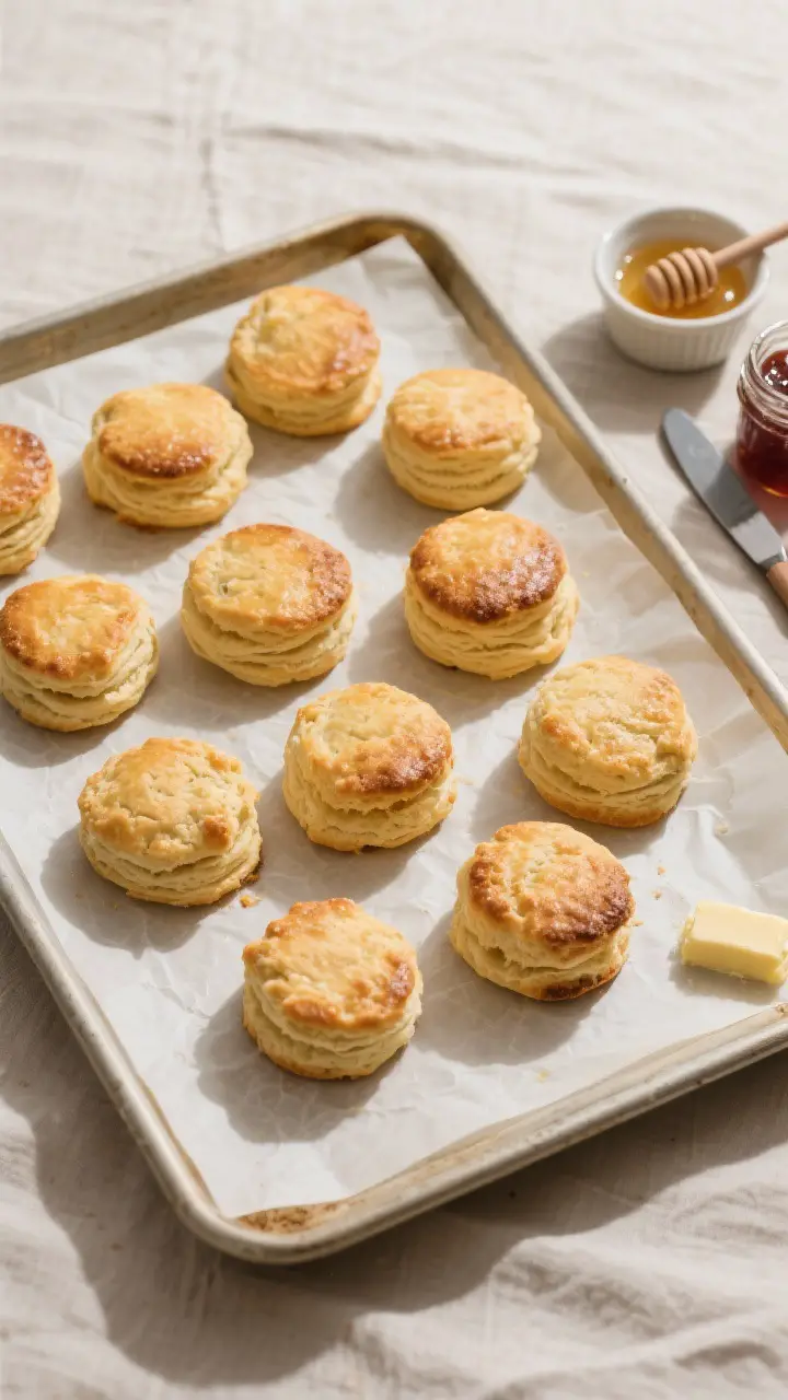 Overhead “tasty top view” of a platter of 8–10 golden buttermilk biscuits arranged close toget
