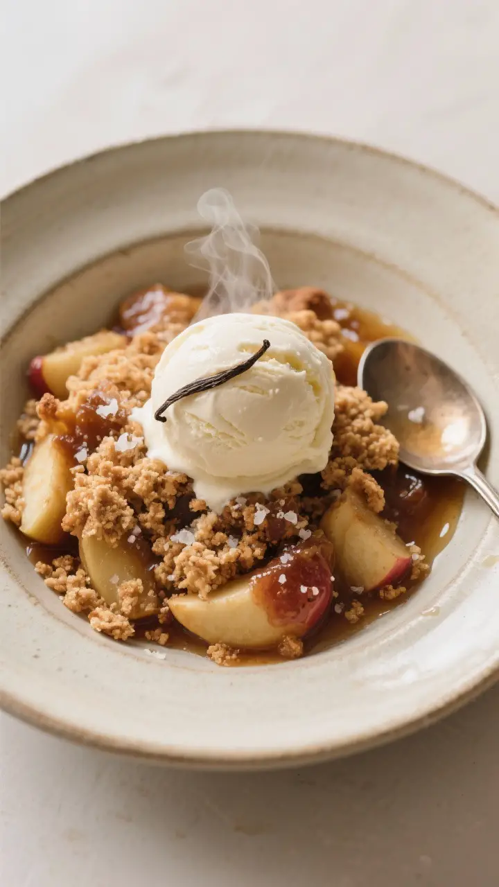 Overhead “tasty top view” of a served portion of apple crisp in a shallow ceramic bowl, crowned 