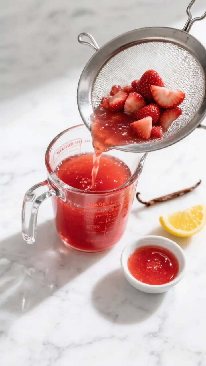 Overhead “tasty top view” of finished strawberry syrup being strained for a smooth texture: fine