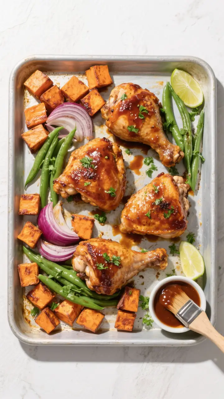 Overhead “tasty top view” of the full sheet pan after round two of roasting: four bone-in, skin-
