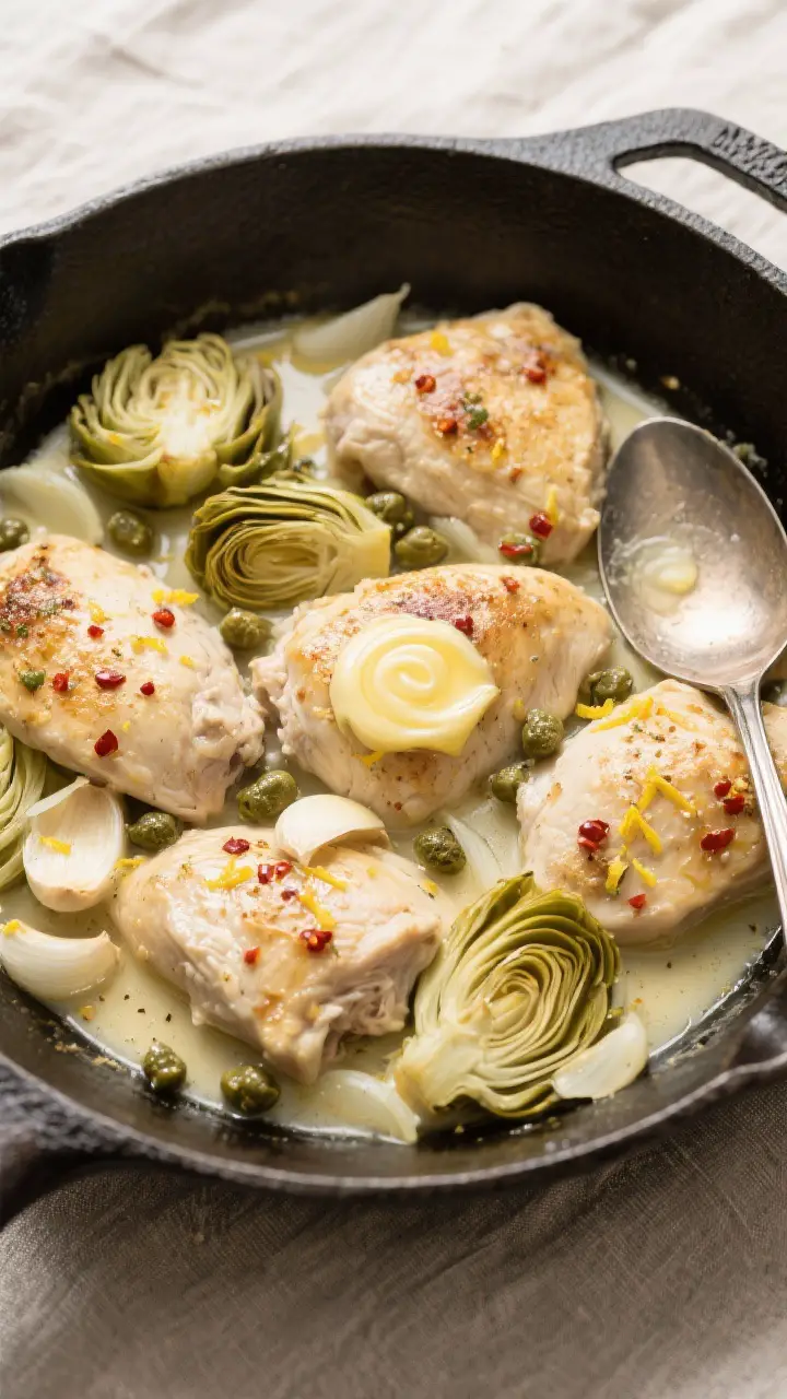 Overhead tasty top view: One-pan chicken and artichokes in a cast-iron skillet on a neutral linen, s