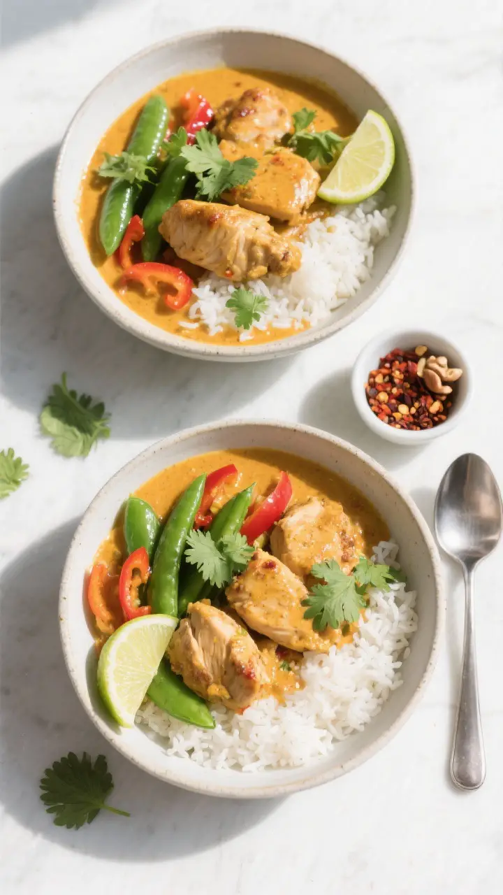 Overhead “tasty top view”: Overhead shot of two Coconut Curry Chicken Bowls with perfect rice-to