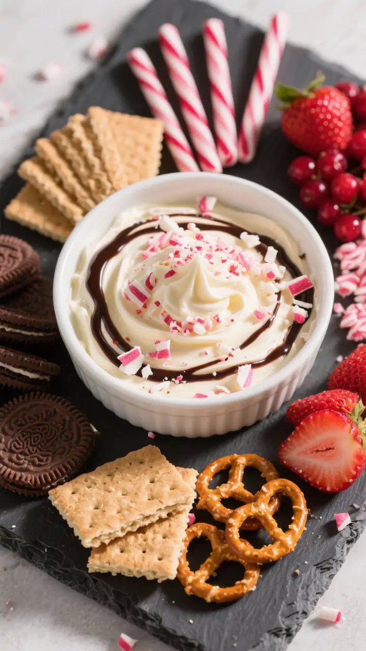 Overhead “tasty top view”: Peppermint cheesecake dip swirled into a white ceramic serving bowl w