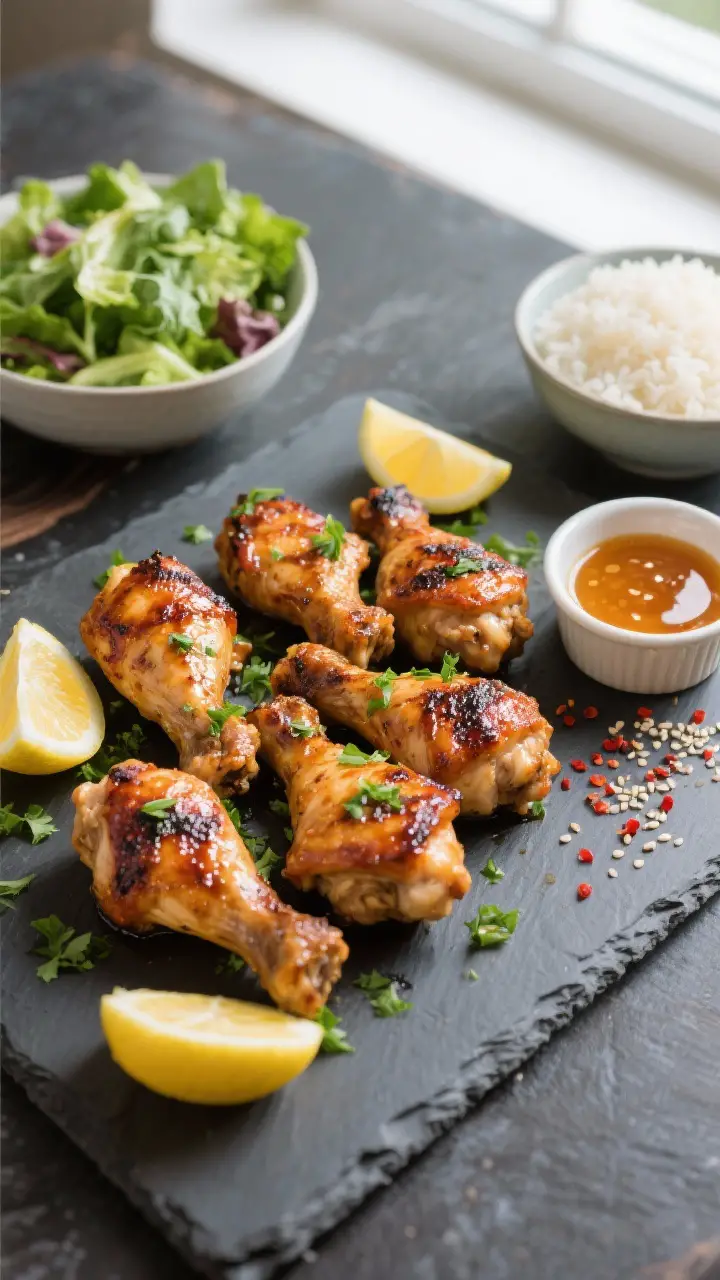 Overhead tasty top view: Platter of glazed grilled chicken thighs finished to 170–175°F, arranged