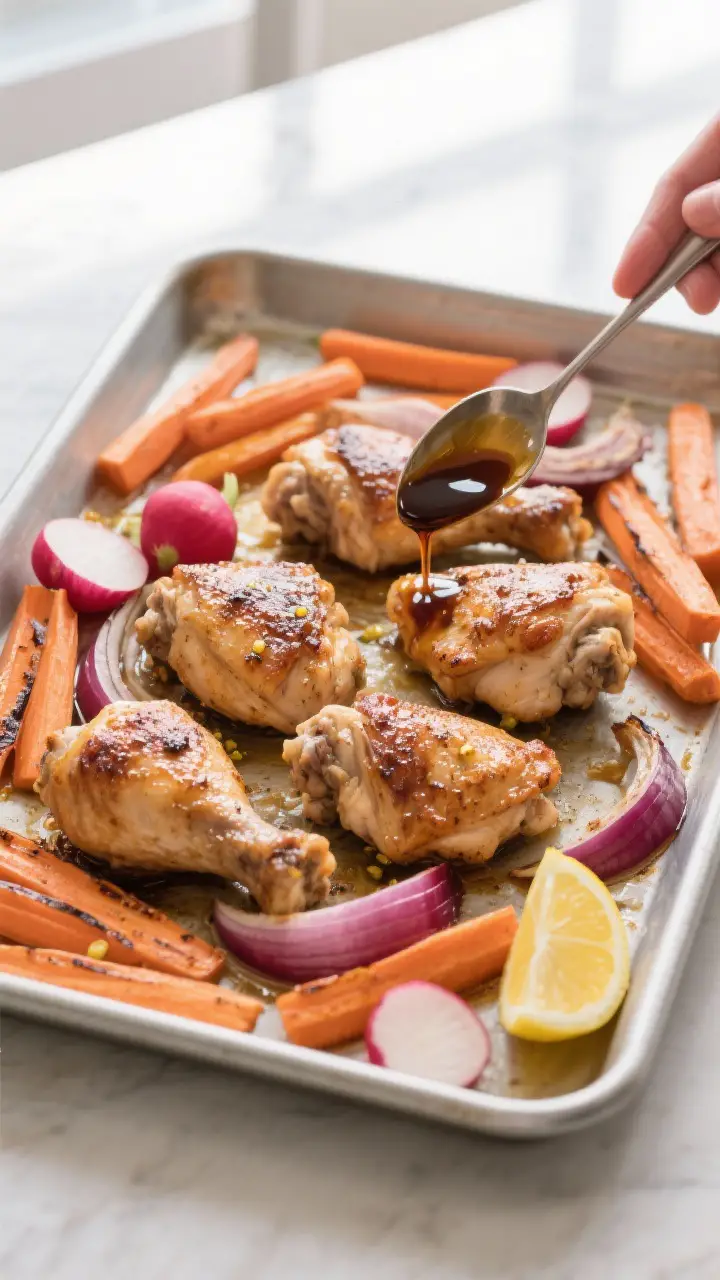 Overhead “tasty top view” process shot: Sheet pan mid-roast just after tossing, showing evenly b