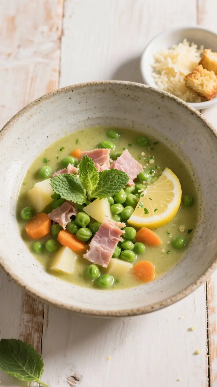 Overhead tasty top view, rustic texture: Top-down shot of half-blended spring pea and ham soup showi