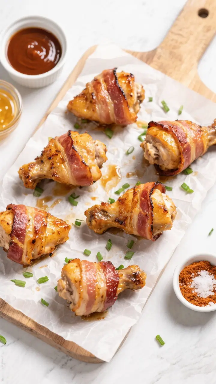 Overhead “tasty top view” shot: Air-fried bacon wrapped chicken thighs resting on a parchment-li