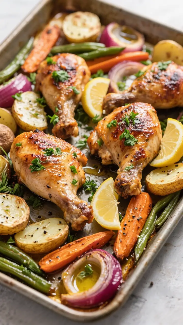Overhead “tasty top view” shot: complete sheet pan herb roasted chicken and vegetables after the