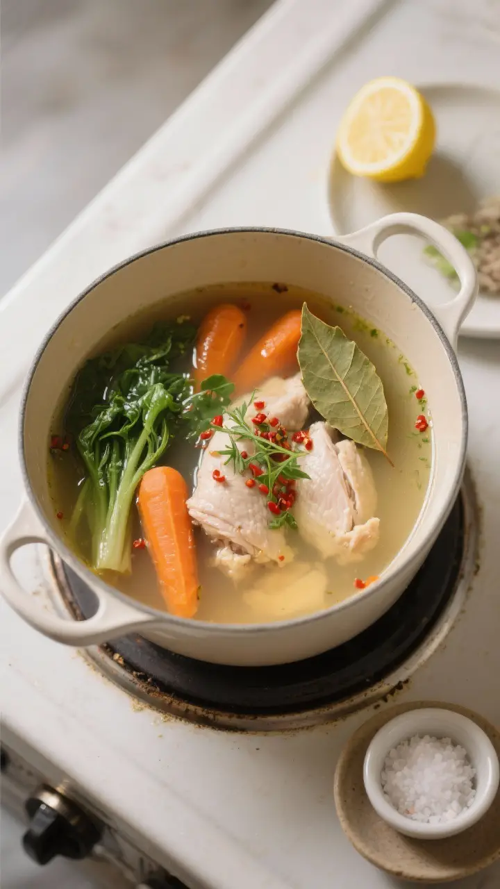 Overhead “tasty top view” shot: of the soup just after finishing and seasoning in the pot—brot