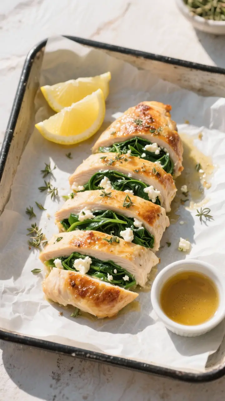 Overhead “tasty top view”: Sliced baked chicken breast stuffed with spinach and feta, arranged o