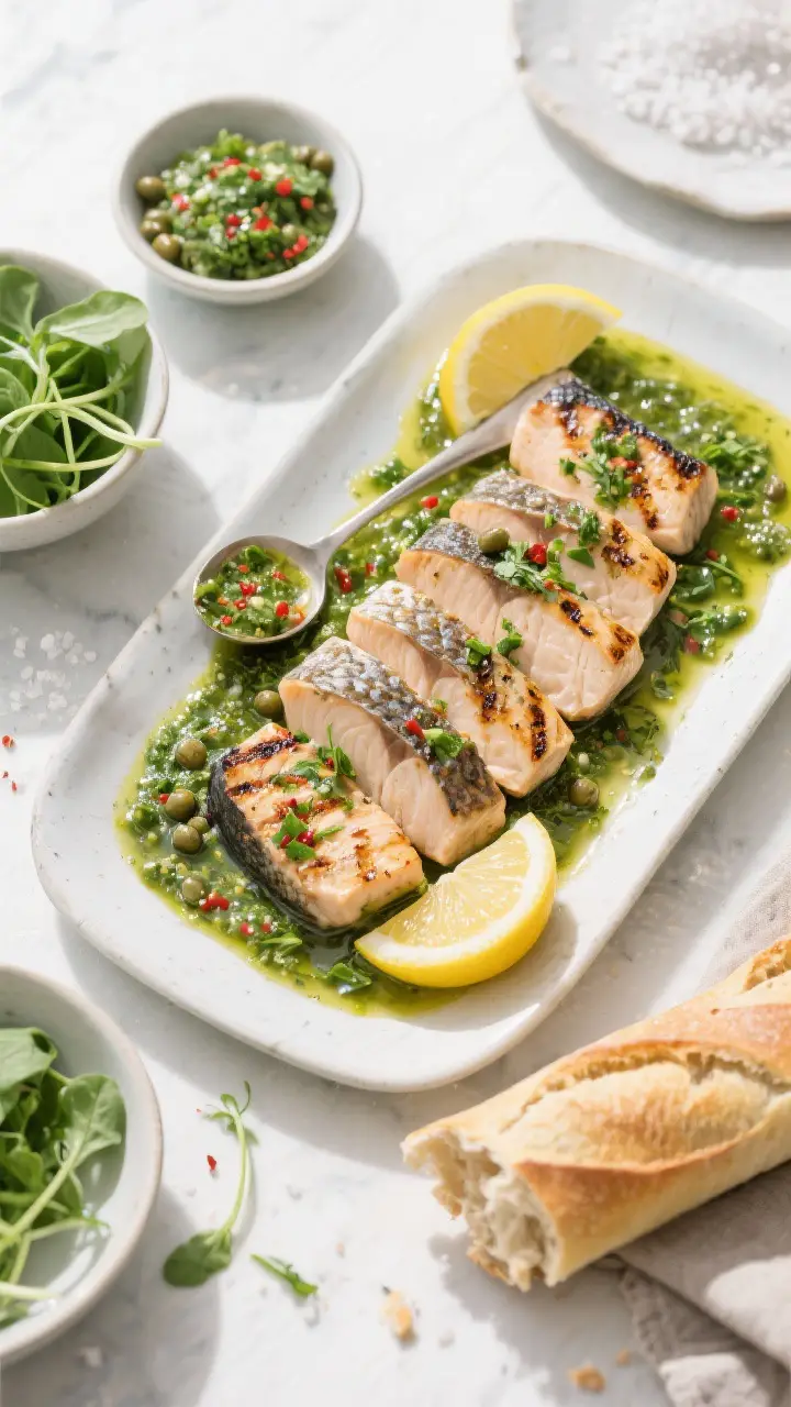 Overhead “tasty top view” spread: Top-down scene of a relaxed weeknight setup—sliced grilled s