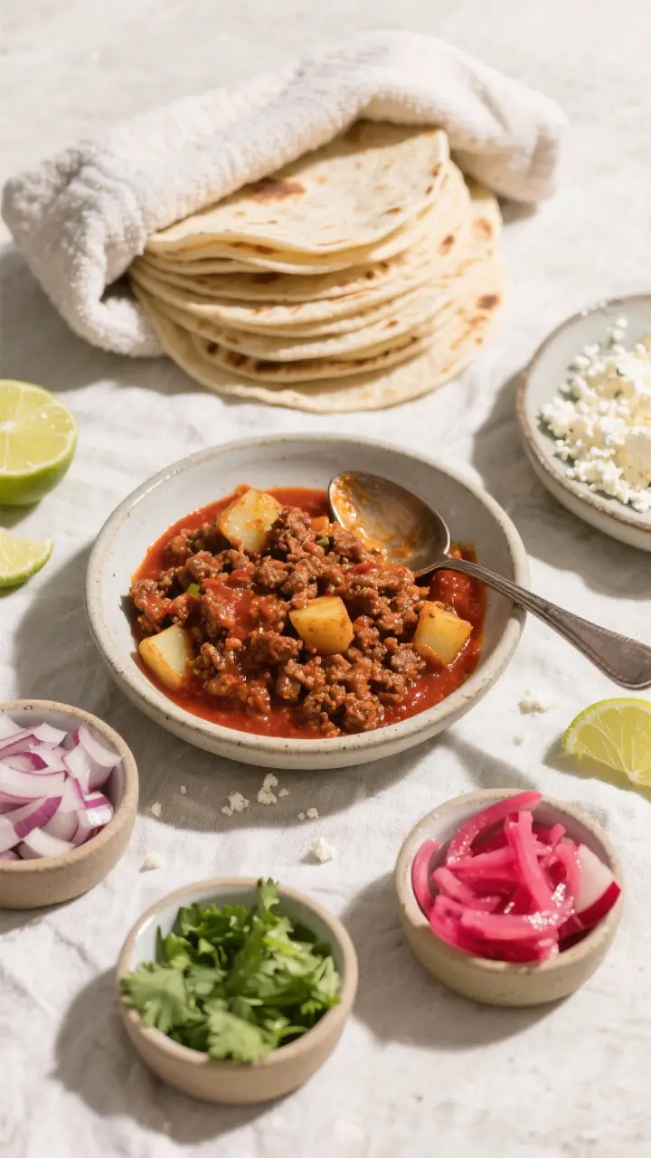 Overhead “tasty top view” spread: Top-down shot of a casual taco assembly scene—stack of warme