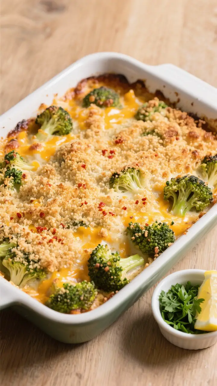 Overhead tasty top view: The casserole in a 9x13 baking dish just out of the oven, edges bubbling, e