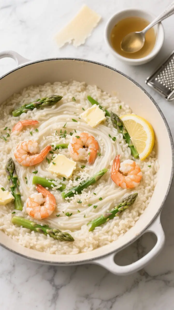 Overhead “tasty top view”: Top-down shot of a wide pot of finished risotto just off heat, creamy