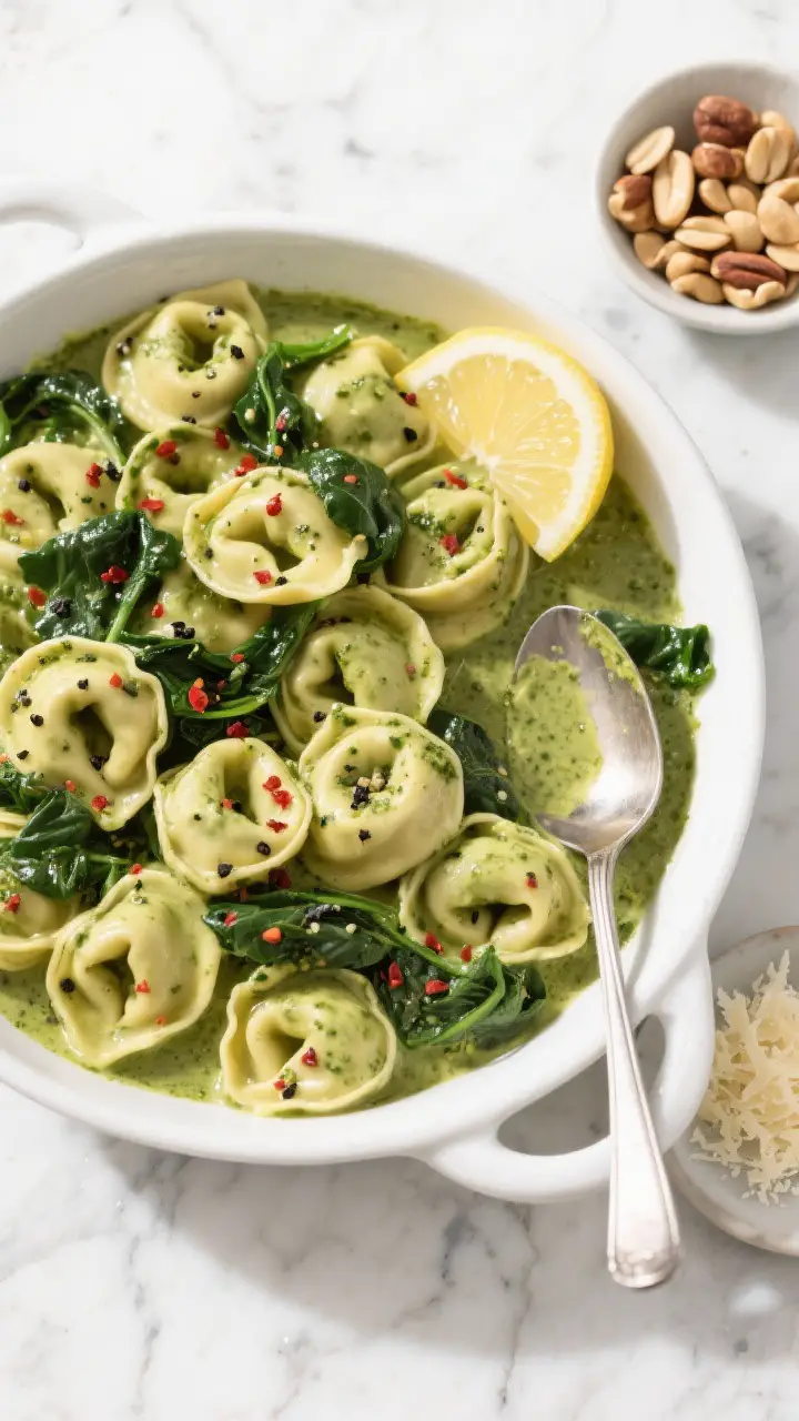 Overhead “tasty top view”: Top-down shot of a family-style serving dish filled with tortellini i