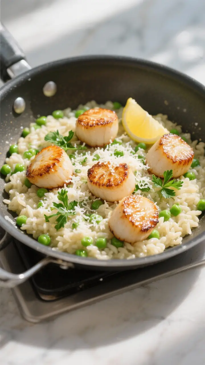 Overhead “tasty top view”: Top-down shot of spring pea risotto finished in the pan, glossy and l