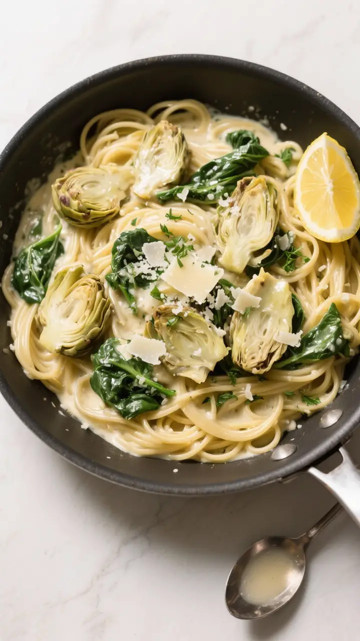 Overhead tasty top view: Top-down shot of the finished creamy artichoke linguine in a large skillet