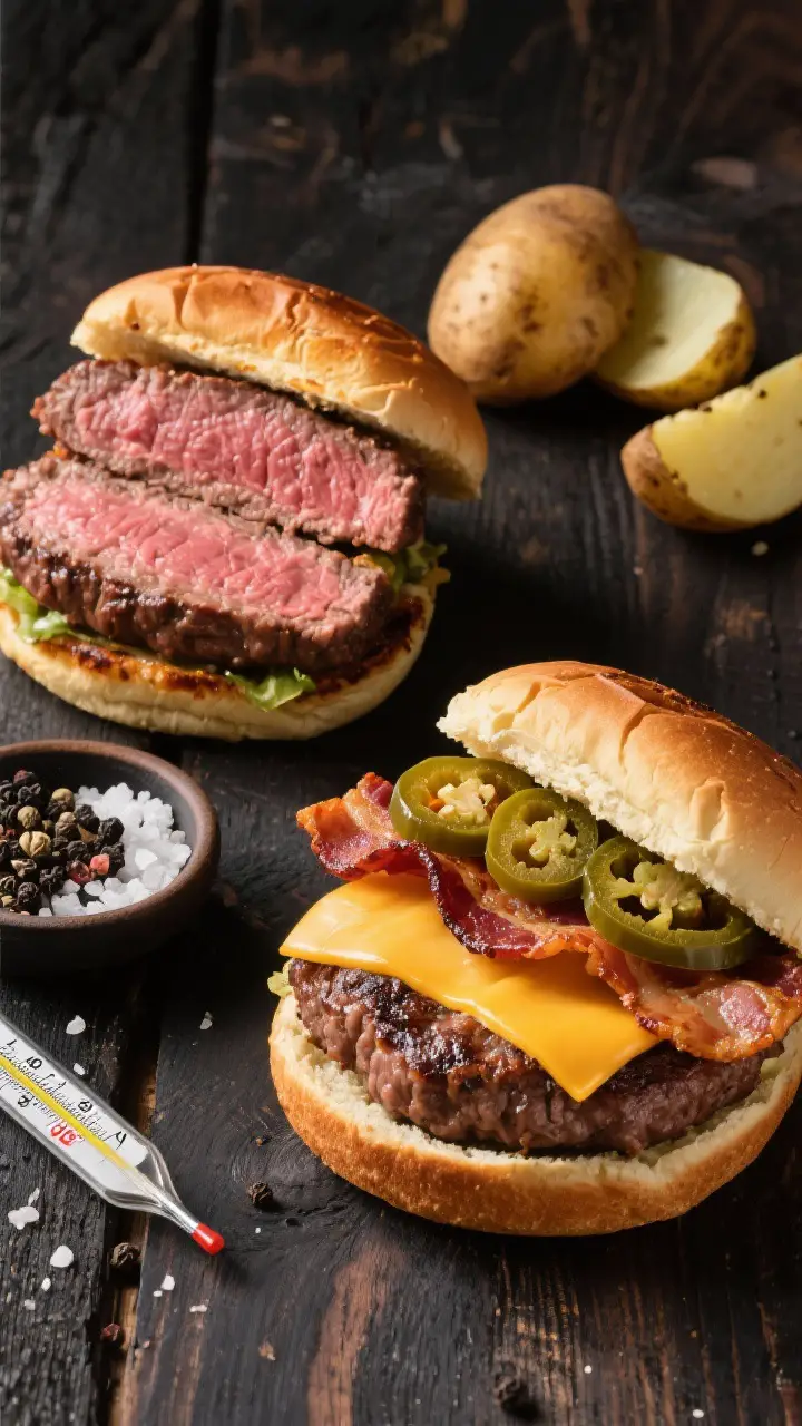 Overhead tasty top view: Two smoked burgers at different doneness sliced in half to show interior—