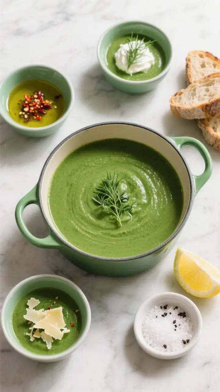 Overhead tasty top view: Ultra-green variation of the Spring Vegetable Bisque (spinach blended in) s