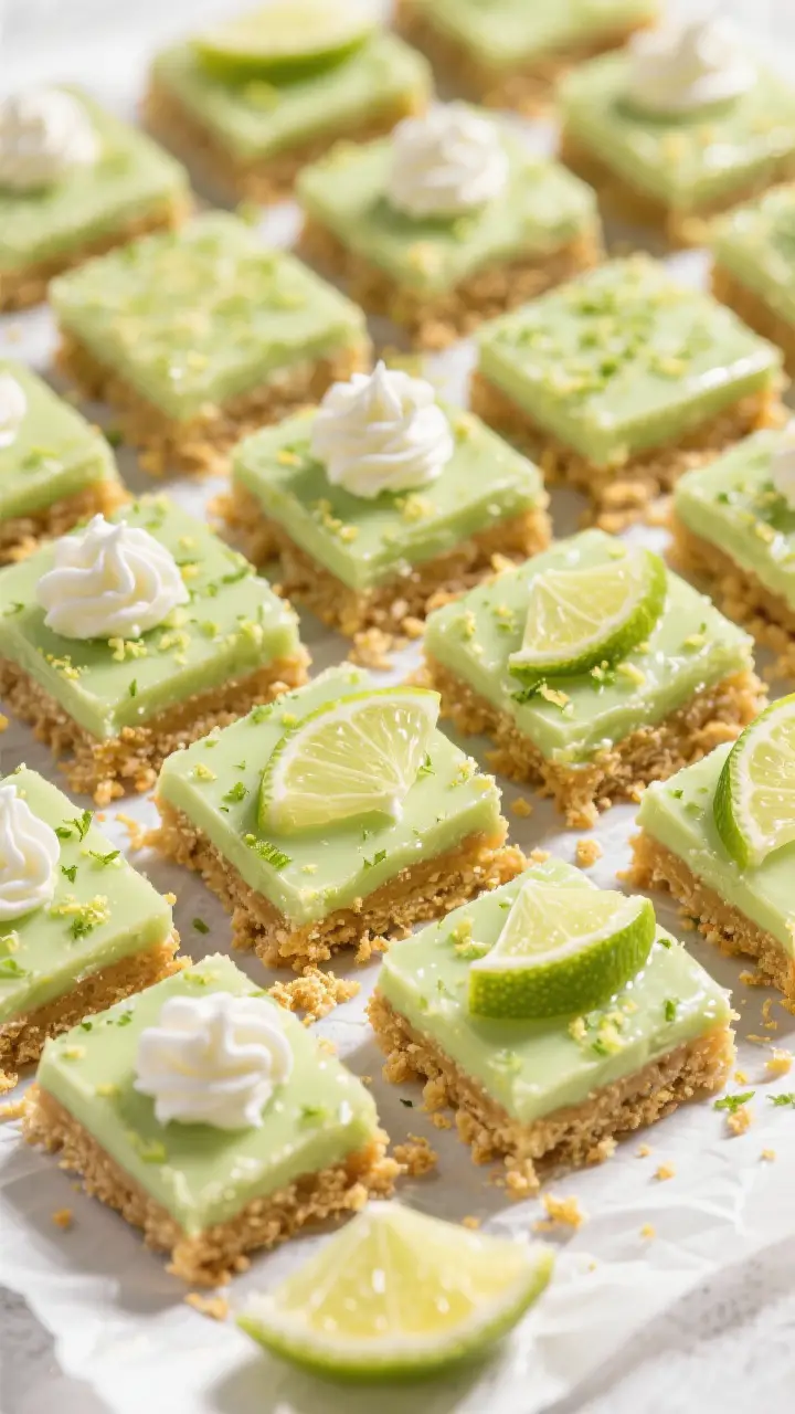 Overhead top-down shot of neatly cut key lime bar squares arranged in a tight grid on parchment: glo
