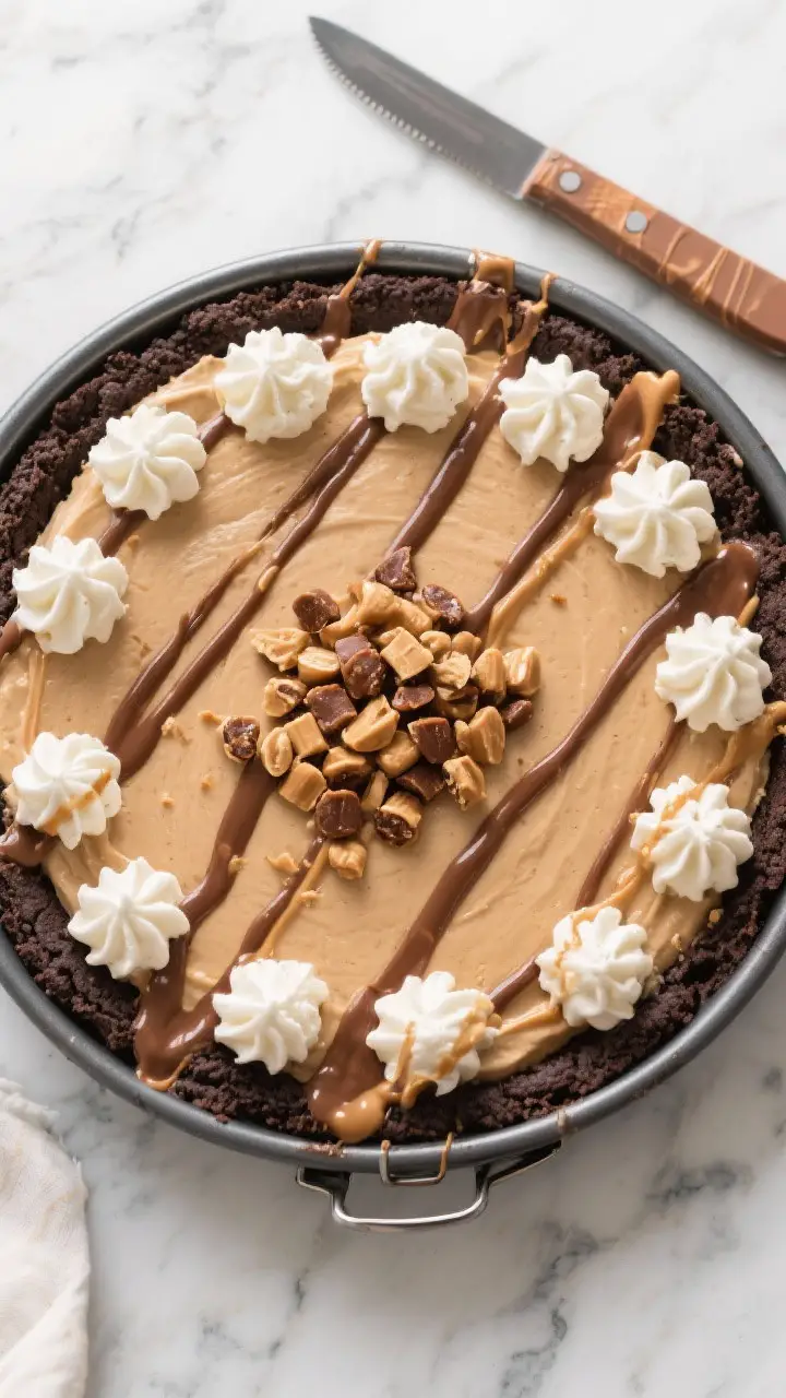 Overhead, top-down shot of the whole Frozen Reese’s Peanut Butter Pie in a 9-inch springform pan w