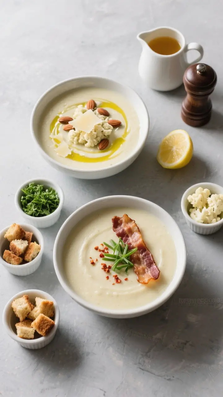Overhead “toppings bar” scene: Top-down shot of two bowls of finished cauliflower soup with diff
