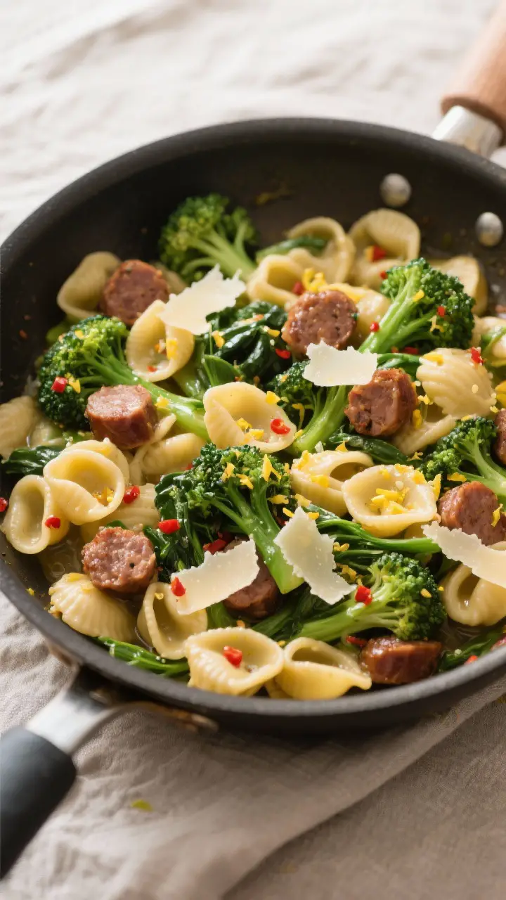Overhead “toss-in-the-pan” shot: Orecchiette just combined with blanched broccoli rabe and brown