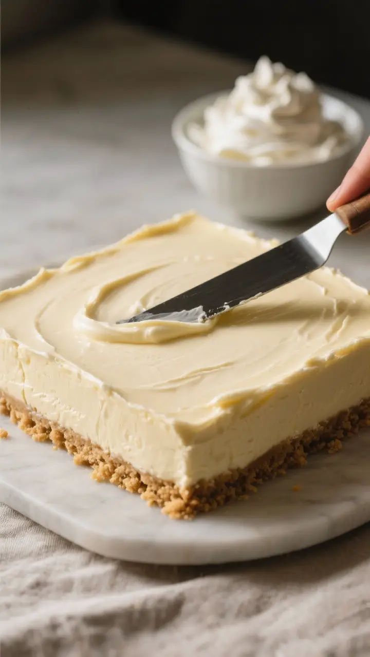 Process-focused, professional kitchen shot of the cheesecake layer being evenly spread over the chil